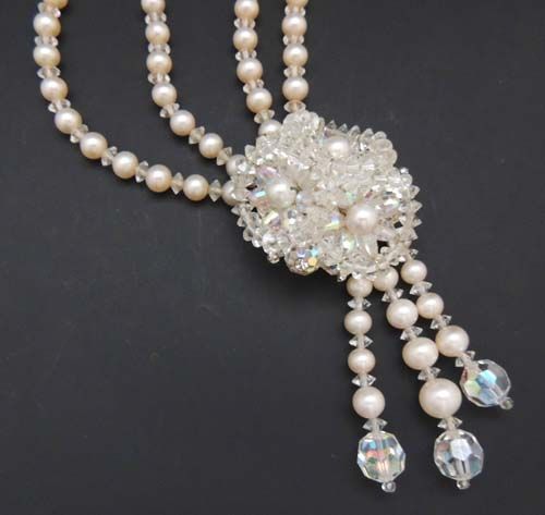 Two Strand Pearl Floral Crystal Vintage Necklace Two Strand Pearl Floral Crystal Vintage Necklace