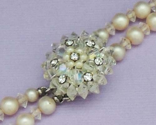 Two Strand Pearl Floral Crystal Vintage Necklace Two Strand Pearl Floral Crystal Vintage Necklace
