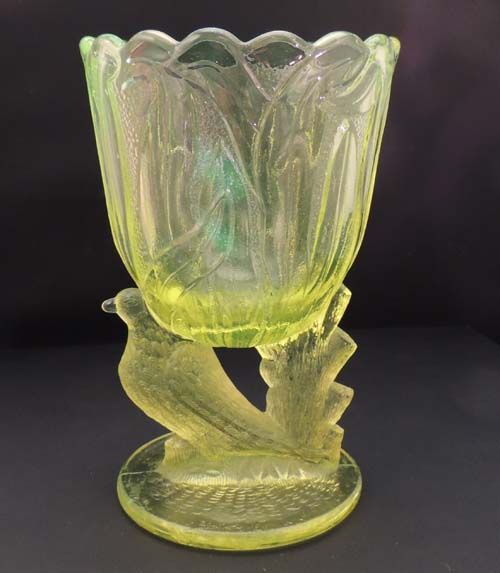 Yellow Vaseline Depression Glass Vintage Bird Spooner Yellow Vaseline Depression Glass Vintage Bird Spooner