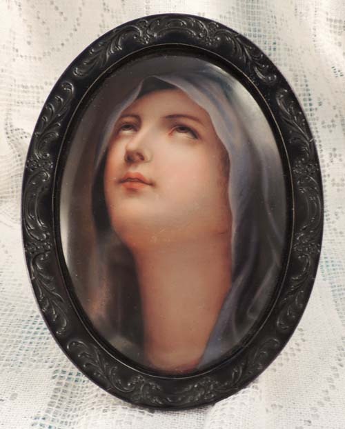 Hand Painted Madonna on Porcelain in Black Oval Frame Hand Painted Madonna on Porcelain in Black Oval Frame