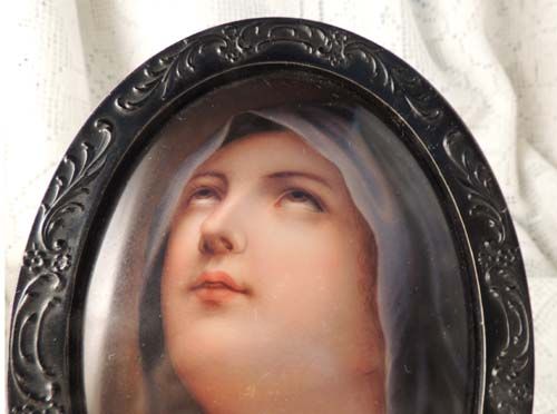 Hand Painted Madonna on Porcelain in Black Oval Frame Hand Painted Madonna on Porcelain in Black Oval Frame