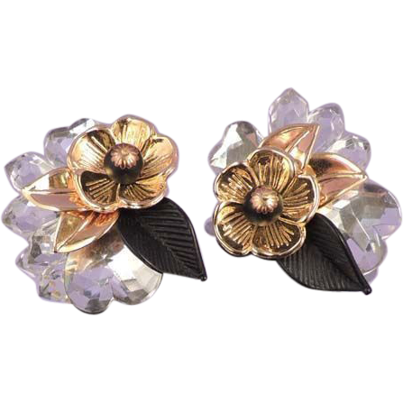 LUCITE Heart Floral Vintage Black Clear Gold Earrings LUCITE Heart Floral Vintage Black Clear Gold Earrings