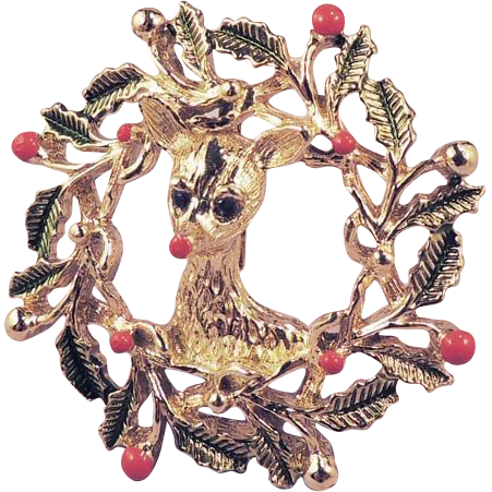 GERRY'S Enamel Holly Wreath and Reindeer Christmas Brooch GERRY'S Enamel Holly Wreath and Reindeer Christmas Brooch