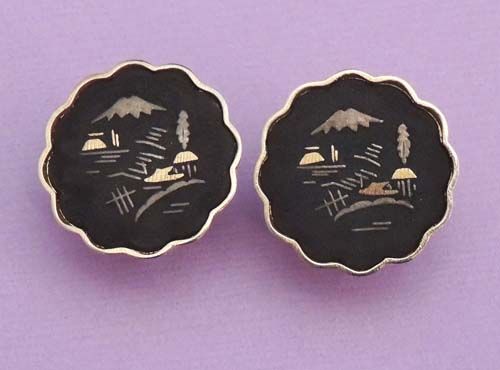 Japanese DAMASCENE Vintage Black Scenic Button Earrings Japanese DAMASCENE Vintage Black Scenic Button Earrings