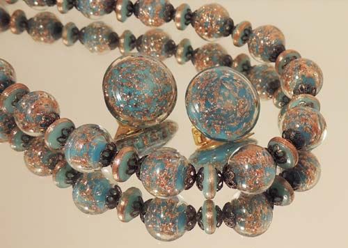 ITALIAN Vintage VENETIAN Murano Blue and Gold Art Glass Bead Necklace and Earrings Set ITALIAN Vintage VENETIAN Murano Blue and Gold Art Glass Bead Necklace and Earrings Set