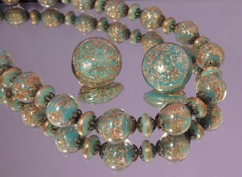 ITALIAN Vintage VENETIAN Murano Blue and Gold Art Glass Bead Necklace and Earrings Set ITALIAN Vintage VENETIAN Murano Blue and Gold Art Glass Bead Necklace and Earrings Set