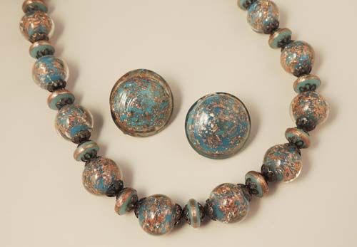 ITALIAN Vintage VENETIAN Murano Blue and Gold Art Glass Bead Necklace and Earrings Set ITALIAN Vintage VENETIAN Murano Blue and Gold Art Glass Bead Necklace and Earrings Set