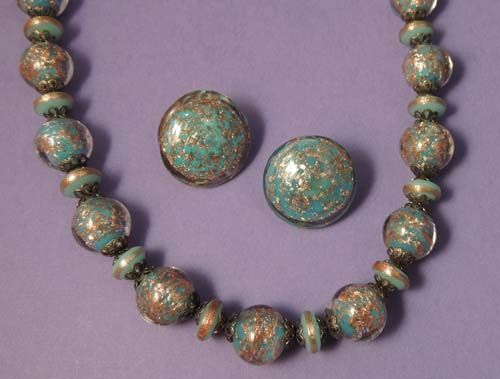ITALIAN Vintage VENETIAN Murano Blue and Gold Art Glass Bead Necklace and Earrings Set ITALIAN Vintage VENETIAN Murano Blue and Gold Art Glass Bead Necklace and Earrings Set