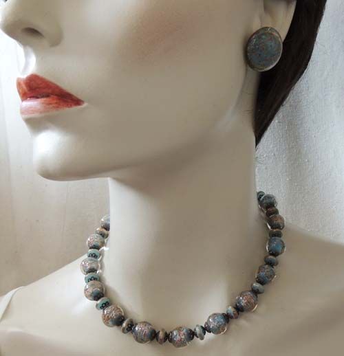 ITALIAN Vintage VENETIAN Murano Blue and Gold Art Glass Bead Necklace and Earrings Set ITALIAN Vintage VENETIAN Murano Blue and Gold Art Glass Bead Necklace and Earrings Set