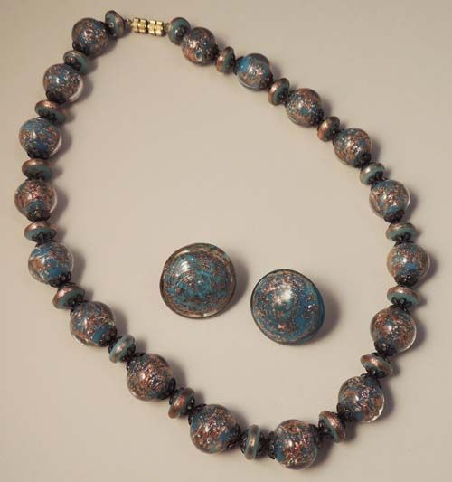 ITALIAN Vintage VENETIAN Murano Blue and Gold Art Glass Bead Necklace and Earrings Set ITALIAN Vintage VENETIAN Murano Blue and Gold Art Glass Bead Necklace and Earrings Set