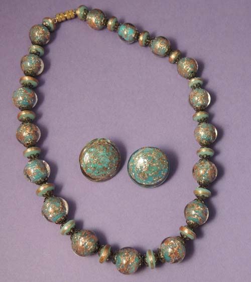 ITALIAN Vintage VENETIAN Murano Blue and Gold Art Glass Bead Necklace and Earrings Set ITALIAN Vintage VENETIAN Murano Blue and Gold Art Glass Bead Necklace and Earrings Set
