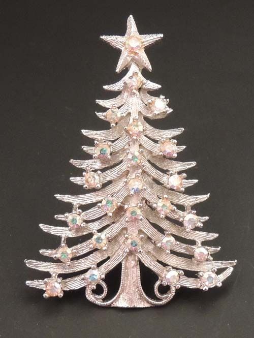 MYLU Silver Christmas Tree Brooch with Aurora Borealis Rhinestones Vintage Signed MYLU Silver Christmas Tree Brooch with Aurora Borealis Rhinestones Vintage Signed