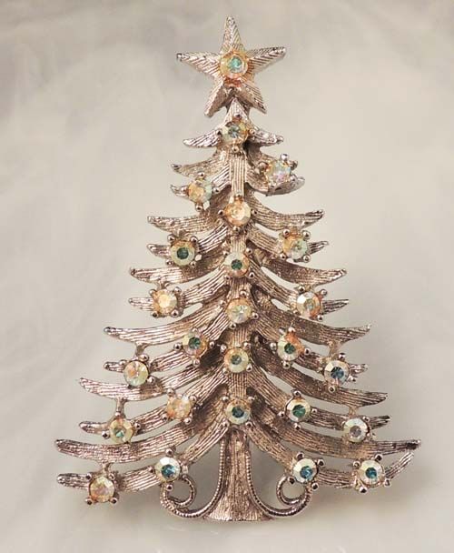 MYLU Silver Christmas Tree Brooch with Aurora Borealis Rhinestones Vintage Signed MYLU Silver Christmas Tree Brooch with Aurora Borealis Rhinestones Vintage Signed