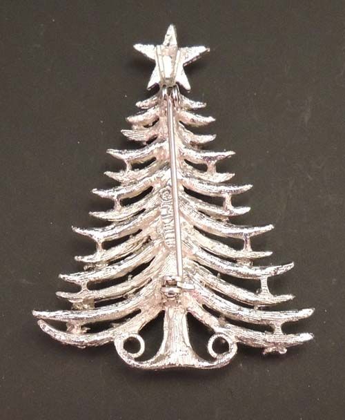 MYLU Silver Christmas Tree Brooch with Aurora Borealis Rhinestones Vintage Signed MYLU Silver Christmas Tree Brooch with Aurora Borealis Rhinestones Vintage Signed