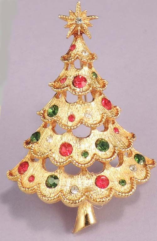 MYLU Christmas Tree Brooch - Vintage Red Green Rhinestones - Signed MYLU Christmas Tree Brooch - Vintage Red Green Rhinestones - Signed