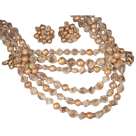 TRIFARI Pale Peach & Cream Glass Bead Necklace Earrings & Bracelet - Luscious Vintage Never Worn Full Parure TRIFARI Pale Peach & Cream Glass Bead Necklace Earrings & Bracelet - Luscious Vintage Never Worn Full Parure