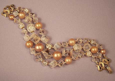 TRIFARI Pale Peach & Cream Glass Bead Necklace Earrings & Bracelet - Luscious Vintage Never Worn Full Parure TRIFARI Pale Peach & Cream Glass Bead Necklace Earrings & Bracelet - Luscious Vintage Never Worn Full Parure