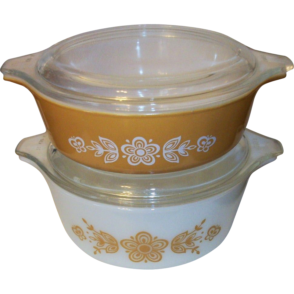 Pair of Pyrex Butterfly Gold Refrigerator Dishes, Casseroles Pair of Pyrex Butterfly Gold Refrigerator Dishes, Casseroles