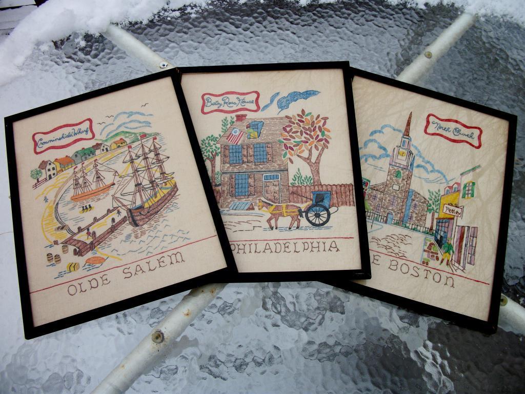 Framed Folk Art Boston, Philadelphia & Salem Painted Linens Framed Folk Art Boston, Philadelphia & Salem Painted Linens
