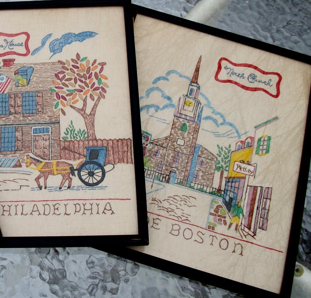 Framed Folk Art Boston, Philadelphia & Salem Painted Linens Framed Folk Art Boston, Philadelphia & Salem Painted Linens