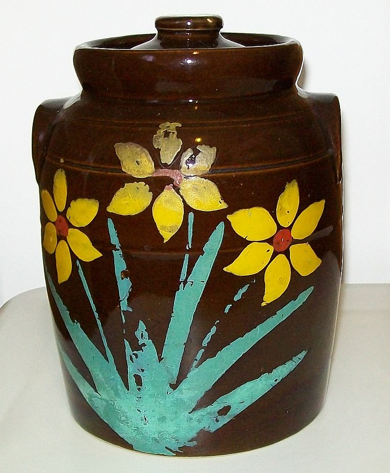 Vintage Cold Paint Cookie Jar - Deep Rich Brown with Yellow Flowers Vintage Cold Paint Cookie Jar - Deep Rich Brown with Yellow Flowers