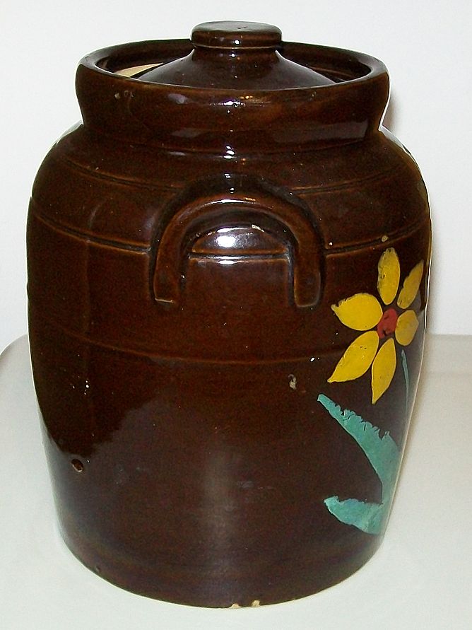 Vintage Cold Paint Cookie Jar - Deep Rich Brown with Yellow Flowers Vintage Cold Paint Cookie Jar - Deep Rich Brown with Yellow Flowers