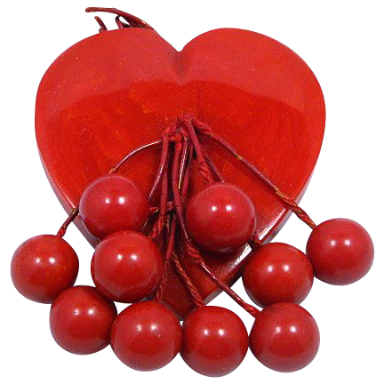 Bakelite Heart with Cherry Dangles Brooch Bakelite Heart with Cherry Dangles Brooch