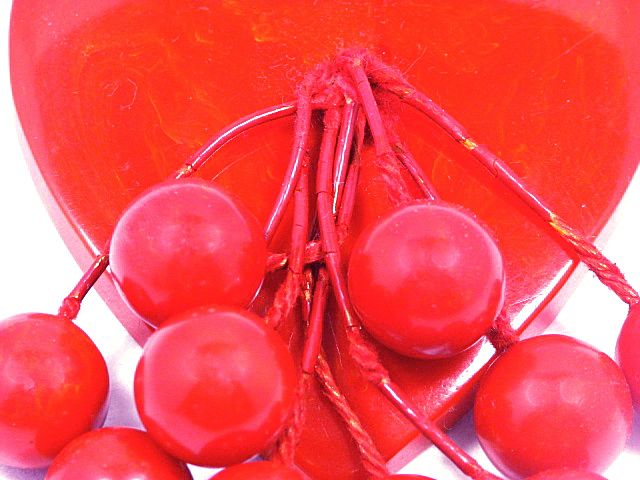Bakelite Heart with Cherry Dangles Brooch Bakelite Heart with Cherry Dangles Brooch