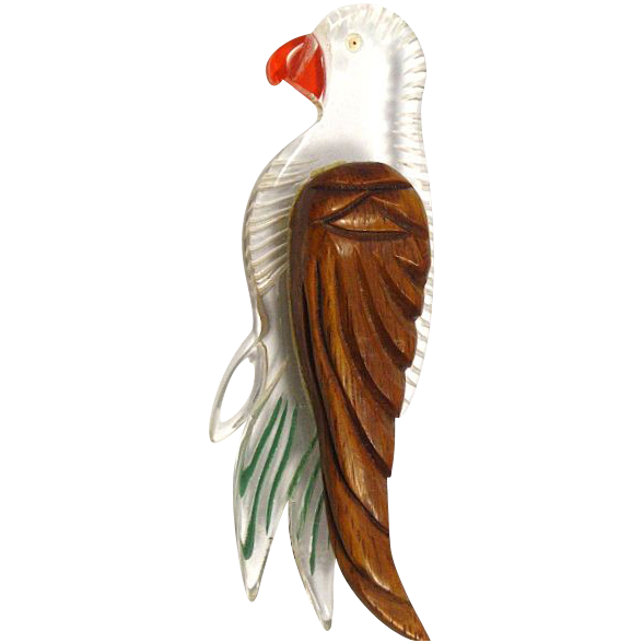 Carved Lucite and Wood Parrot Brooch Carved Lucite and Wood Parrot Brooch