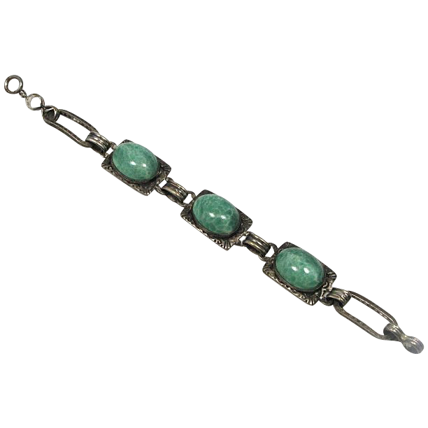 Deco Silver Plate and Green Satin Glass Cabochons Bracelet Deco Silver Plate and Green Satin Glass Cabochons Bracelet