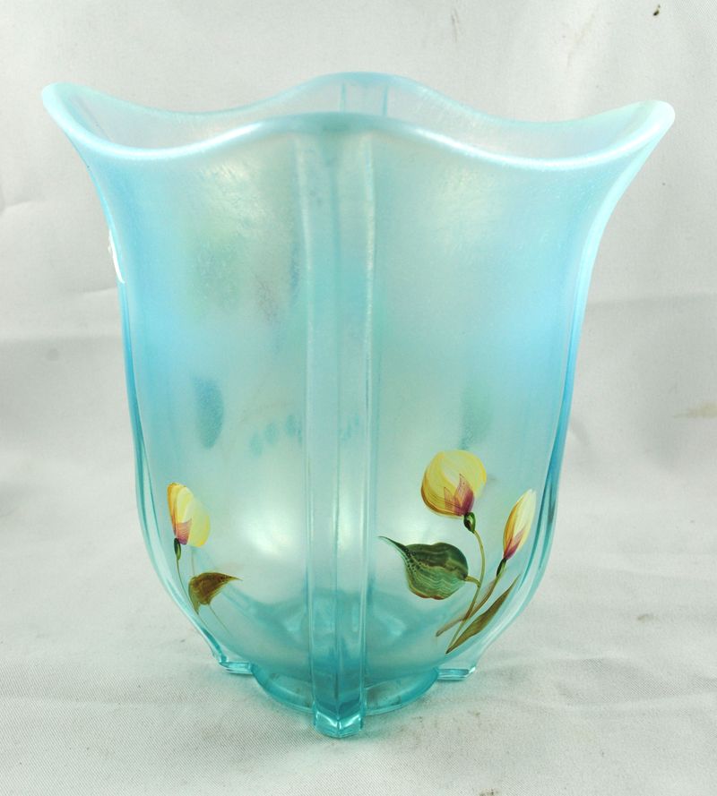 FREE SHIPPING 1960's 1960s Signed Art Glass Fenton Opalescent Hand Painted Blue Glass w Yellow Flowers FREE SHIPPING 1960's 1960s Signed Art Glass Fenton Opalescent Hand Painted Blue Glass w Yellow Flowers