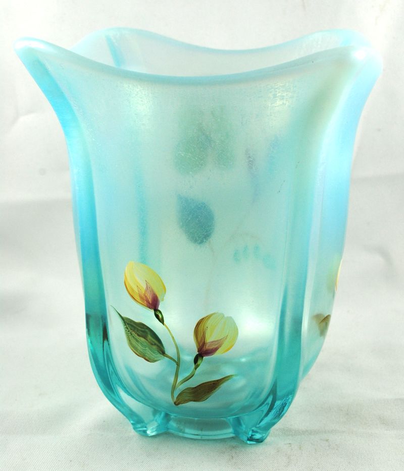FREE SHIPPING 1960's 1960s Signed Art Glass Fenton Opalescent Hand Painted Blue Glass w Yellow Flowers FREE SHIPPING 1960's 1960s Signed Art Glass Fenton Opalescent Hand Painted Blue Glass w Yellow Flowers