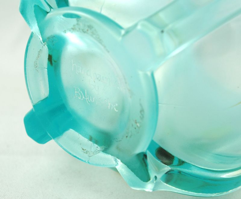 FREE SHIPPING 1960's 1960s Signed Art Glass Fenton Opalescent Hand Painted Blue Glass w Yellow Flowers FREE SHIPPING 1960's 1960s Signed Art Glass Fenton Opalescent Hand Painted Blue Glass w Yellow Flowers