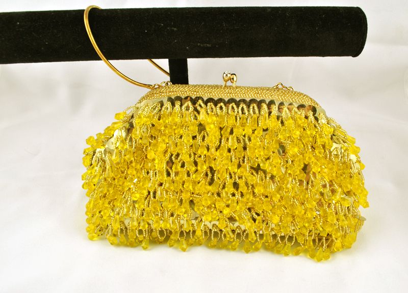 1950's 1950s Vintage Designer Made in HONG KONG Gold w Yellow Beads Clutch / Purse 1950's 1950s Vintage Designer Made in HONG KONG Gold w Yellow Beads Clutch / Purse