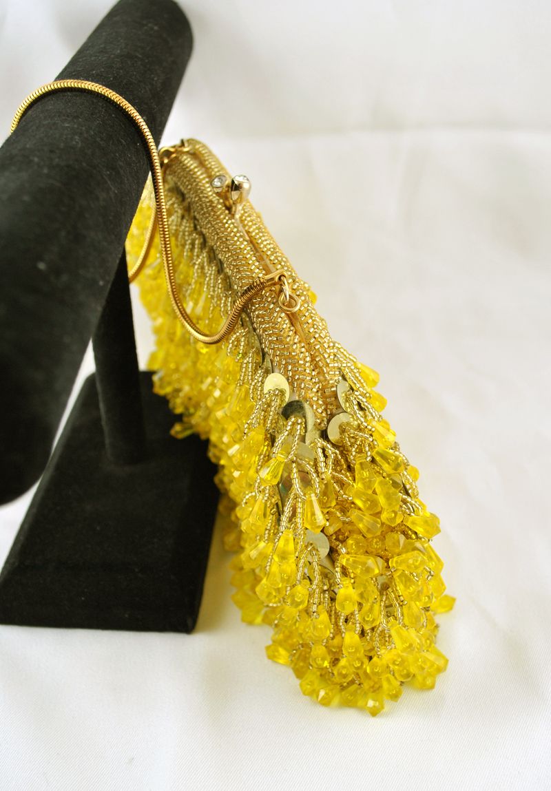 1950's 1950s Vintage Designer Made in HONG KONG Gold w Yellow Beads Clutch / Purse 1950's 1950s Vintage Designer Made in HONG KONG Gold w Yellow Beads Clutch / Purse