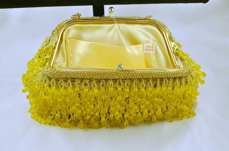 1950's 1950s Vintage Designer Made in HONG KONG Gold w Yellow Beads Clutch / Purse 1950's 1950s Vintage Designer Made in HONG KONG Gold w Yellow Beads Clutch / Purse