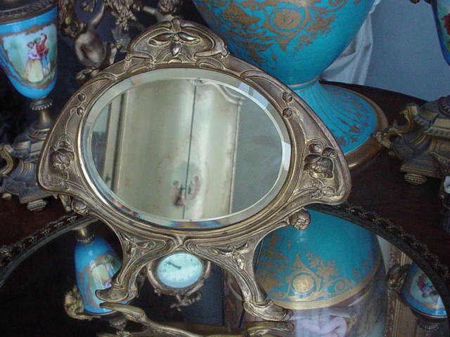 Elegant AMW Dore Bronze Finish Art Nouveau Standing Vanity Mirror Elegant AMW Dore Bronze Finish Art Nouveau Standing Vanity Mirror