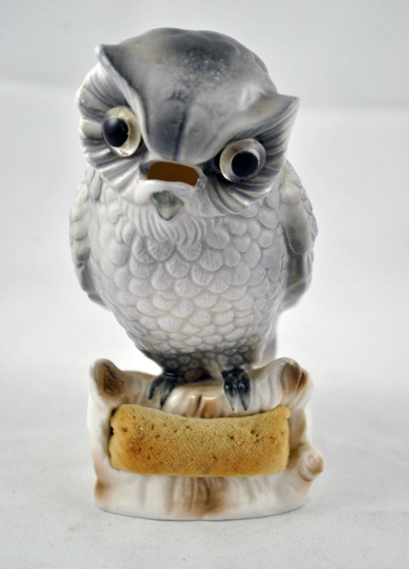 FREE SHIPPING 1940's 1940s Porcelain Grey Perched Owl Pin Cushion Sewing Accessory FREE SHIPPING 1940's 1940s Porcelain Grey Perched Owl Pin Cushion Sewing Accessory