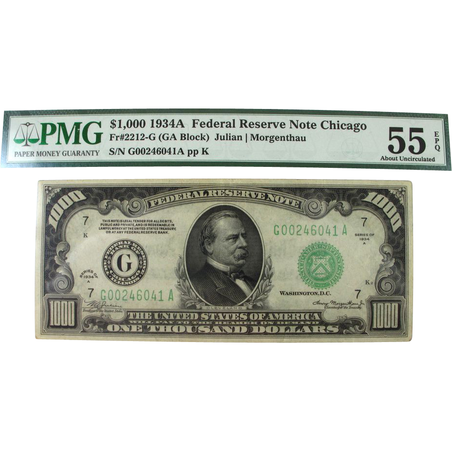 1934A $1000 Federal Reserve Note PMG AU55 EPQ Note 1934A $1000 Federal Reserve Note PMG AU55 EPQ Note