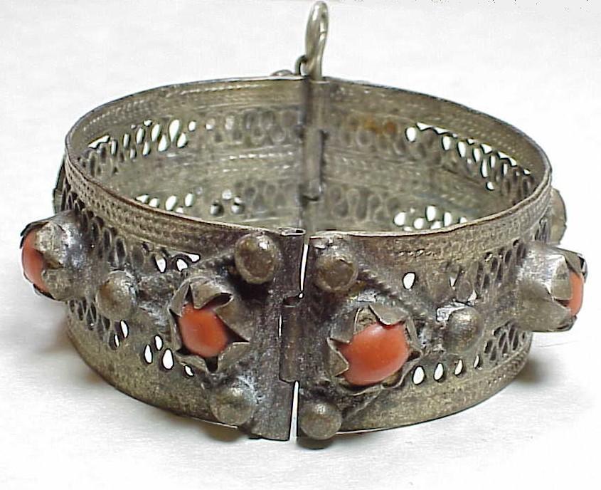 Etruscan Revival Victorian Bangle Bracelet 800 Silver & Red Coral Etruscan Revival Victorian Bangle Bracelet 800 Silver & Red Coral