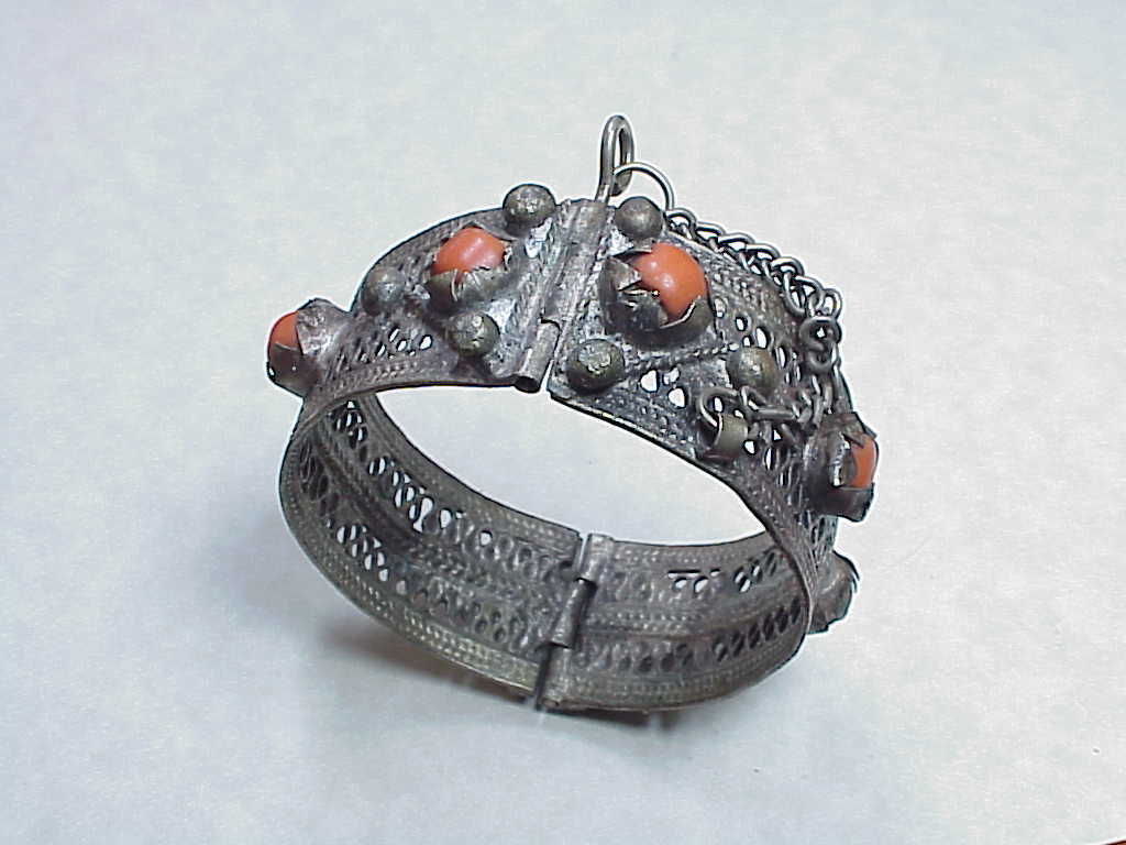 Etruscan Revival Victorian Bangle Bracelet 800 Silver & Red Coral Etruscan Revival Victorian Bangle Bracelet 800 Silver & Red Coral