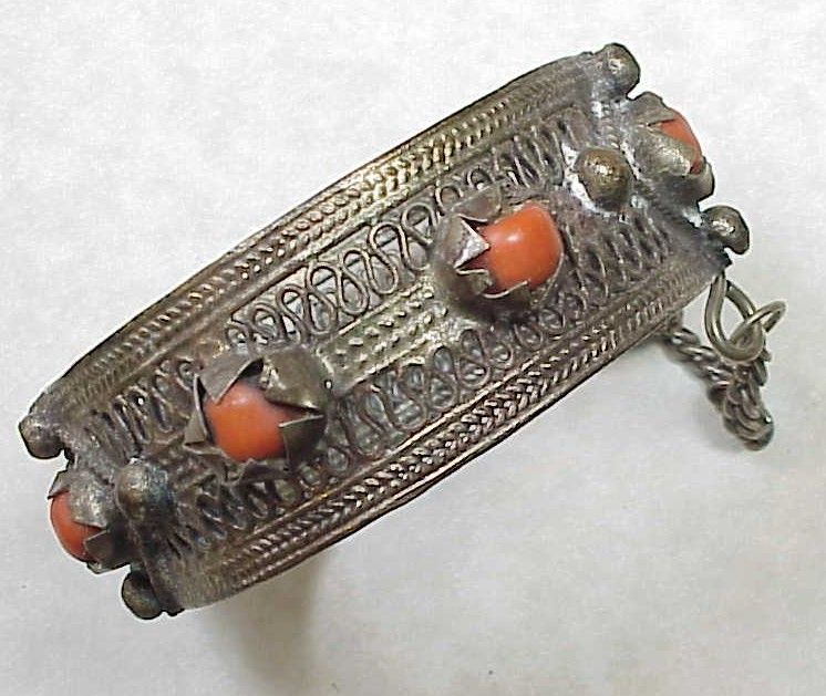 Etruscan Revival Victorian Bangle Bracelet 800 Silver & Red Coral Etruscan Revival Victorian Bangle Bracelet 800 Silver & Red Coral