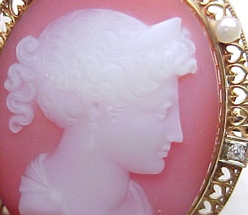 Carnelian Cameo Pendant / Brooch Diamond & Seed Pearl Accent Carnelian Cameo Pendant / Brooch Diamond & Seed Pearl Accent