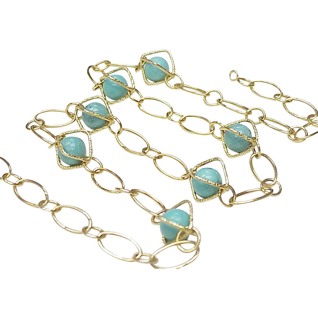 Caged Turquoise Bead Station Necklace 14k Gold from arnoldjewelers on