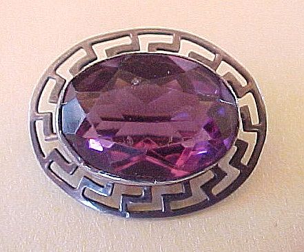 Vintage Sterling Silver Faux AMETHYST Brooch Greek Key Bezel Vintage Sterling Silver Faux AMETHYST Brooch Greek Key Bezel