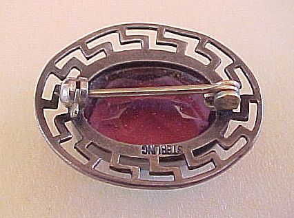 Vintage Sterling Silver Faux AMETHYST Brooch Greek Key Bezel Vintage Sterling Silver Faux AMETHYST Brooch Greek Key Bezel