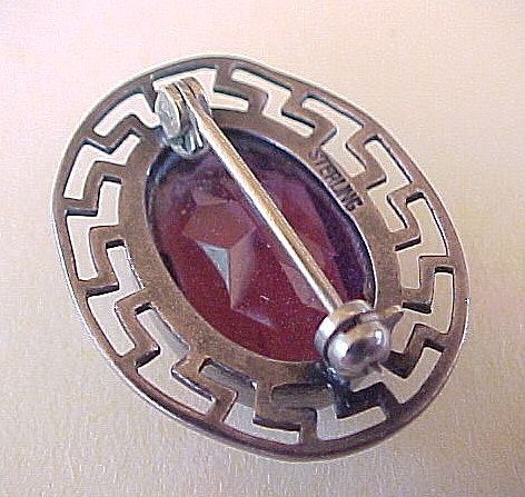 Vintage Sterling Silver Faux AMETHYST Brooch Greek Key Bezel Vintage Sterling Silver Faux AMETHYST Brooch Greek Key Bezel