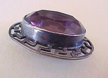 Vintage Sterling Silver Faux AMETHYST Brooch Greek Key Bezel Vintage Sterling Silver Faux AMETHYST Brooch Greek Key Bezel