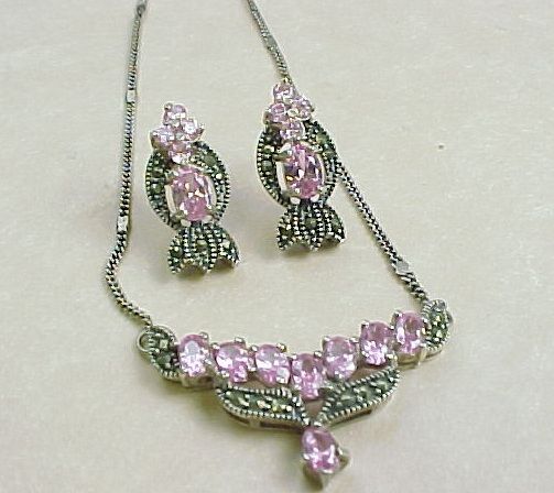 Vintage Beautiful Pink Paste And Marcasite Necklace and Matching Earrings Vintage Beautiful Pink Paste And Marcasite Necklace and Matching Earrings