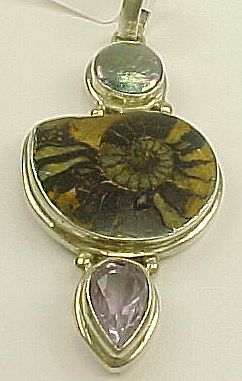 Sterling Ammonite, Amethyst, Abalone Pearl Pendant Sterling Ammonite, Amethyst, Abalone Pearl Pendant